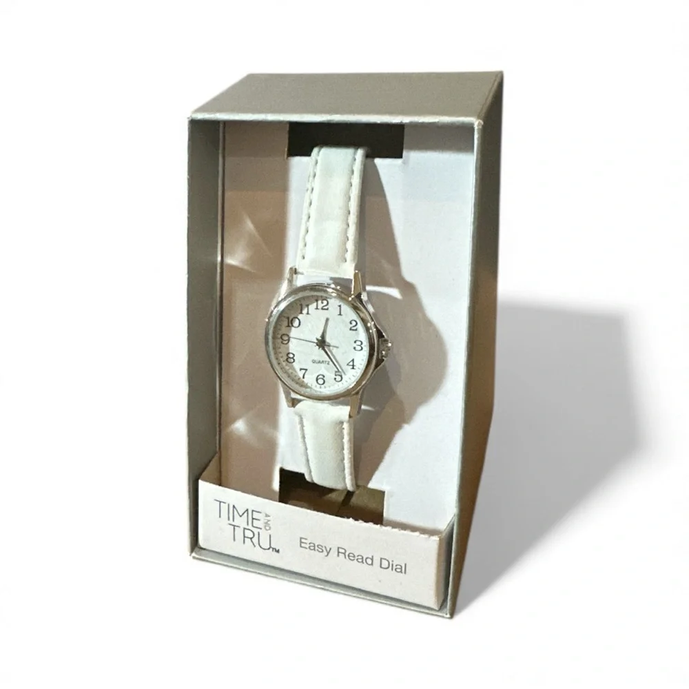 Time & Tru White Strap Easy-Read Dial Watch | Silver Case | Women’s Quartz